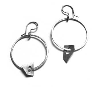 SHAPE $90-sterling silver earrings with hammered hoops and sanding disk and mizzy surface treatments on shapes (1 1/2" long not including ear wire)